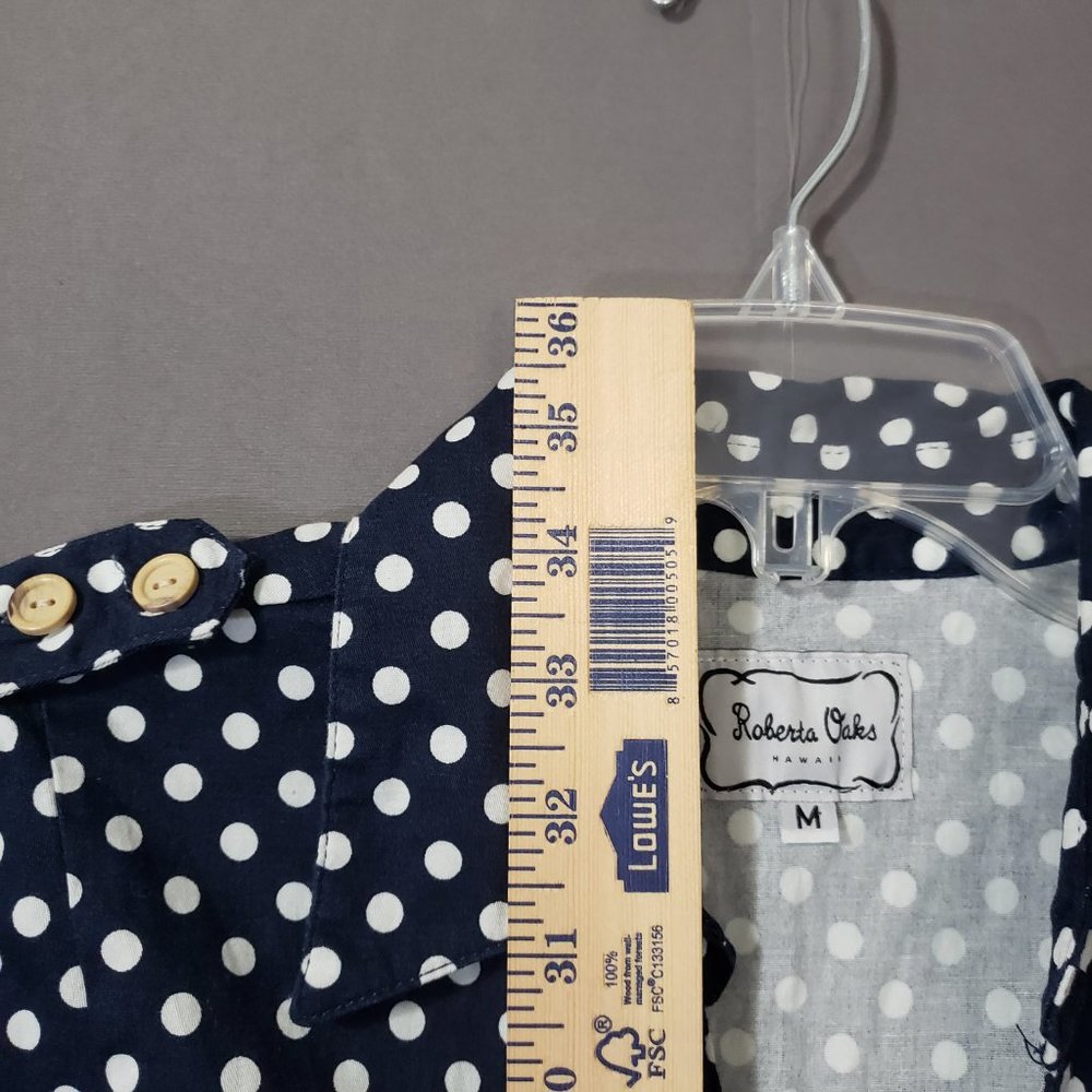 Roberta Oaks Hawaii Button Front Navy Polka Dot Mini Dress, Size Medium - Picture 4 of 5